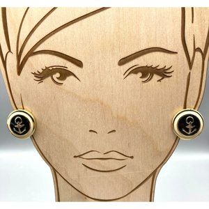Vintage Enamel Anchor Earrings, Gold Tone Circles with Navy Blue and Cream Studs